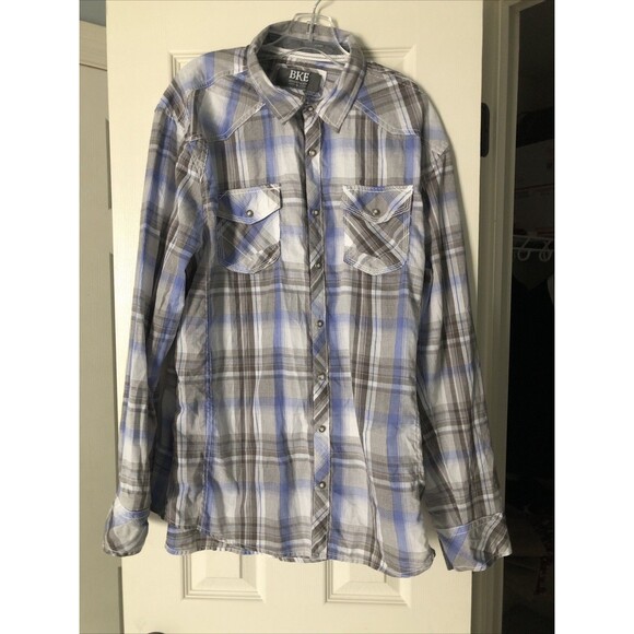 BKE Shirt Men’s XL Blue Plaid Athletic Fit Pearl Snap Long Sleeve Western - Picture 2 of 7
